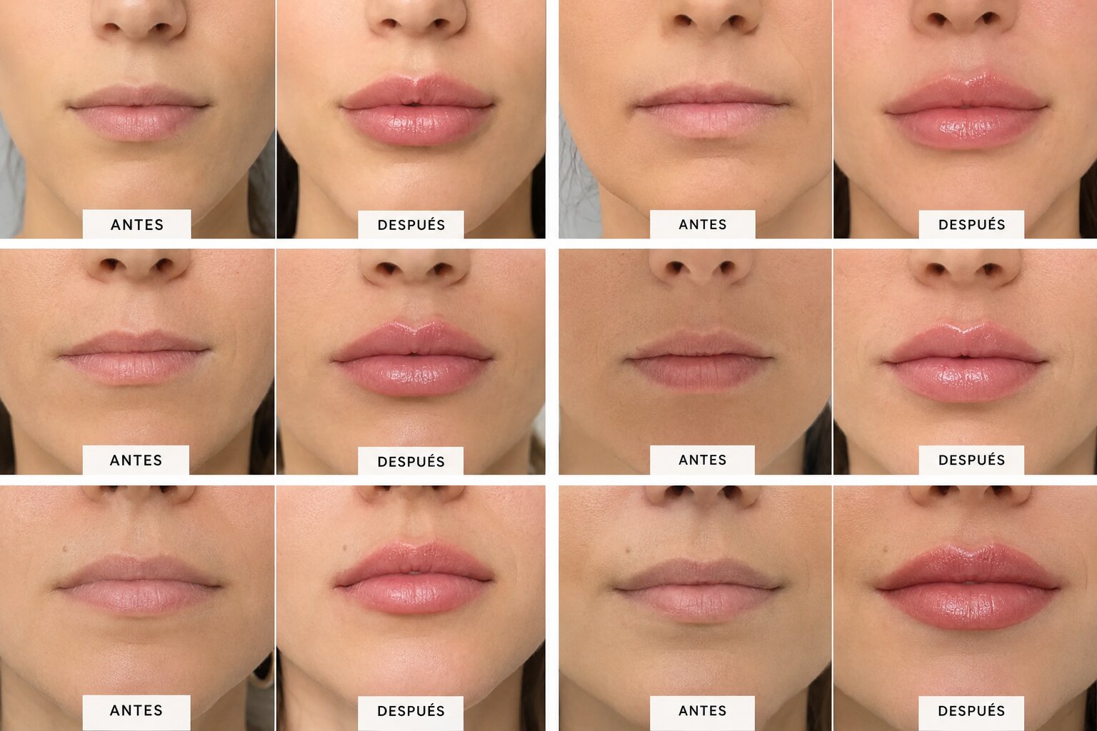 Relleno de labios, distintas pacientes, antes y después